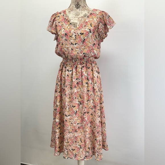 MSK Cream and pink floral elastic waist midi dress size MP - Picture 16 of 16